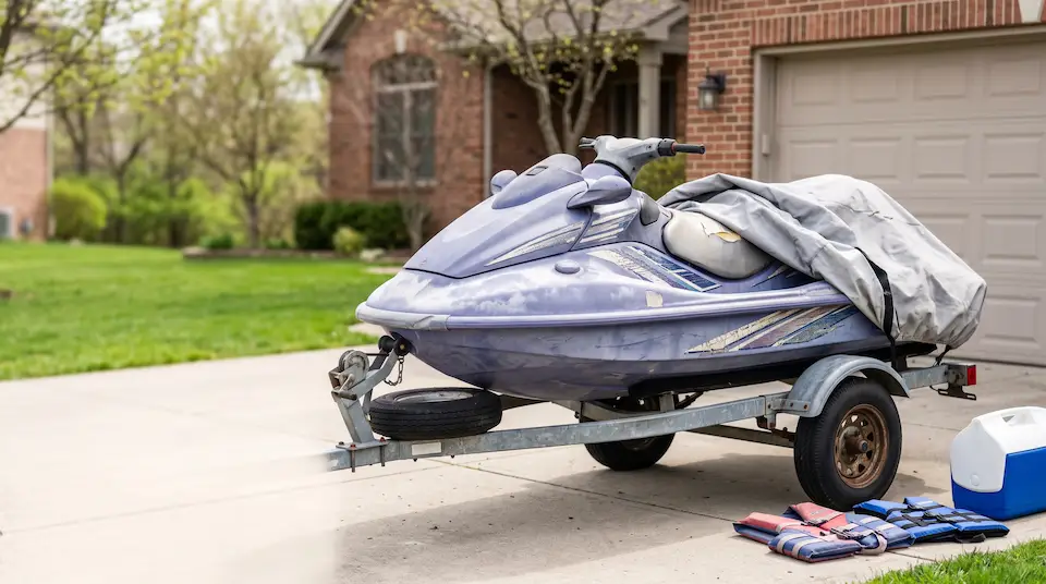 Before: older jet ski on a trailer, cover pulled back to show sun-bleached, peeling plastics