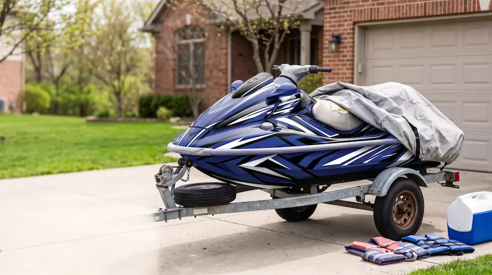 Jet ski on its trailer in a driveway, cover pulled back to show a bold blue, black and white graphic kit