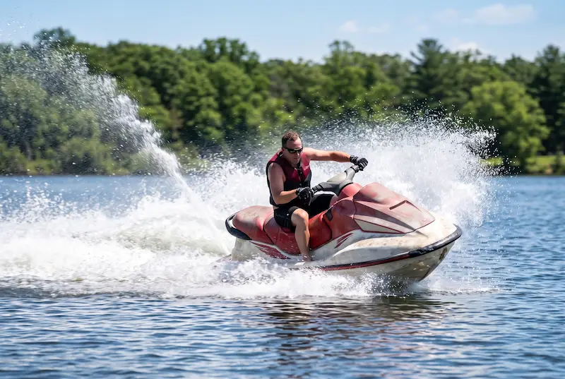 Rider carving a fast turn on a lake on an older jet ski whose plastics are faded and peeling